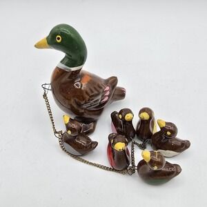Vtg Redware Wales Japan Ceramic Mallard Mamma Duck & Ducklings Babies on Chain